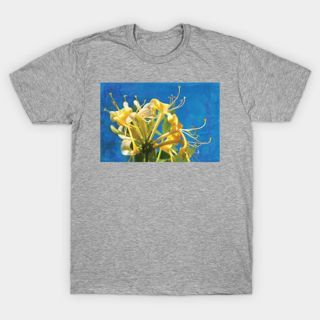 Honeysuckle on a blue background T-Shirt by sleepingdogprod